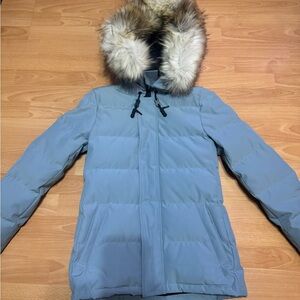 TNA Light Blue Powder Parka with Faux Fur Hood